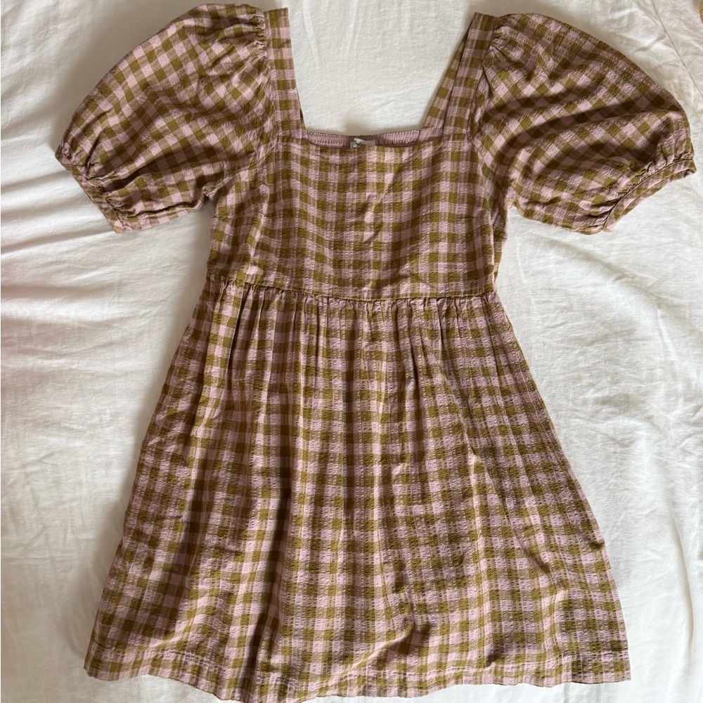 Madewell Green and Pink Puff Sleeve Dress